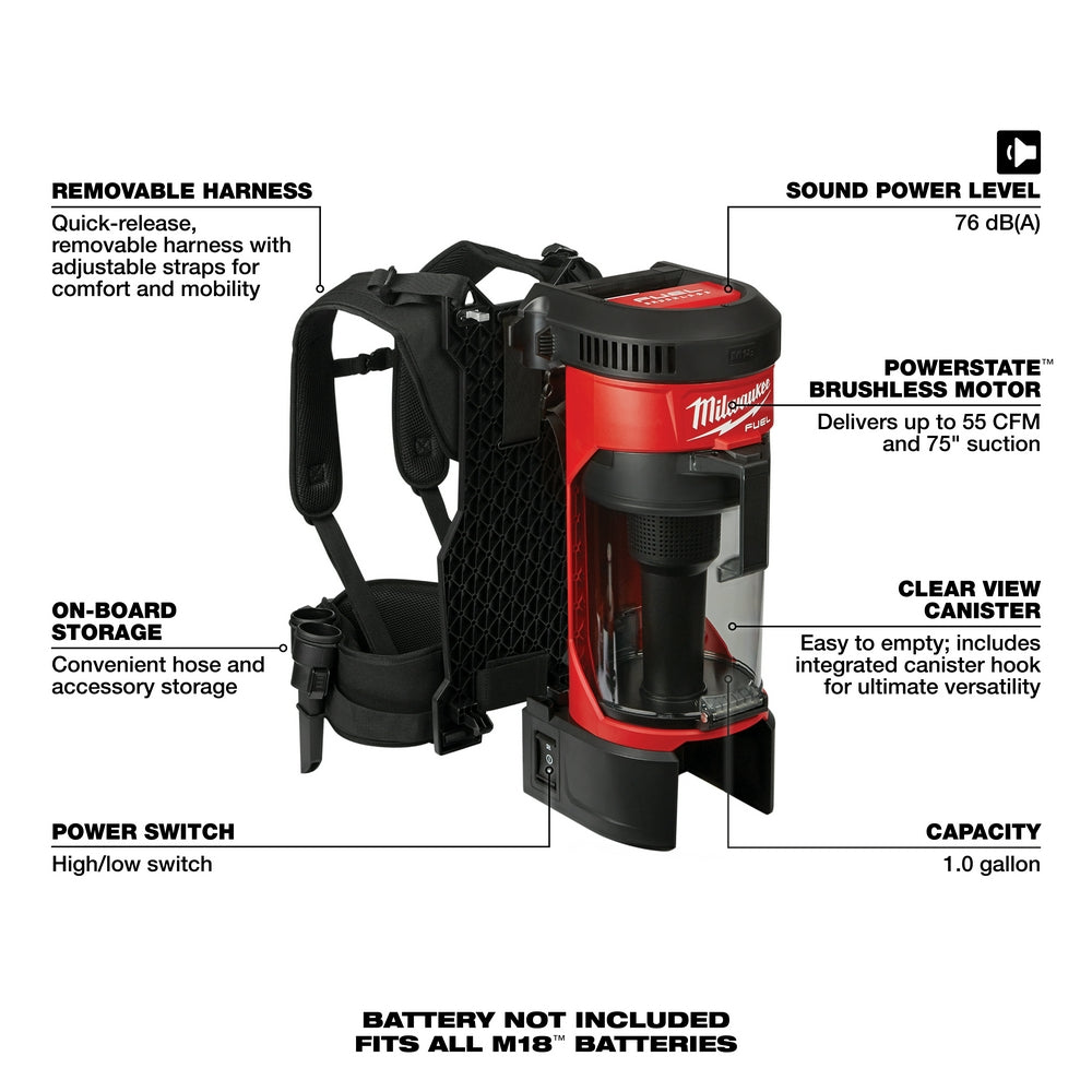Milwaukee 0885-80 M18 FUEL 18V 3-in-1 Backpack Vacuum