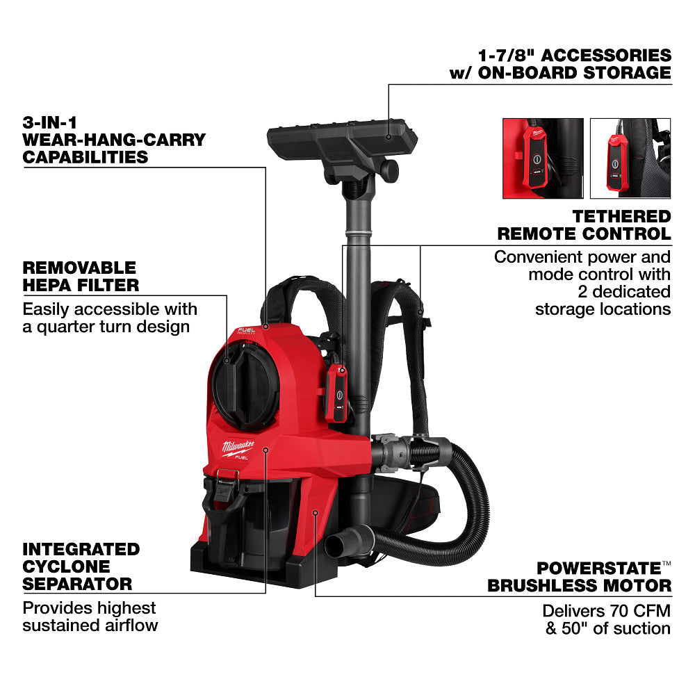 Milwaukee 0895-20 M18 FUEL 18V 3-in-1 Cordless Backpack Vacuum