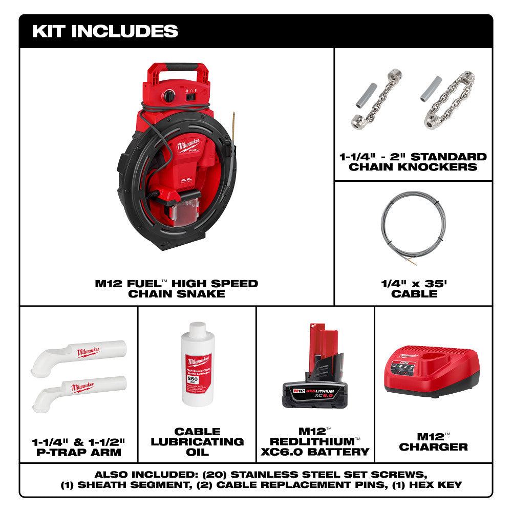 Milwaukee 2519-21 M12 FUEL 12V High Speed Chain Snake for 1-1/4