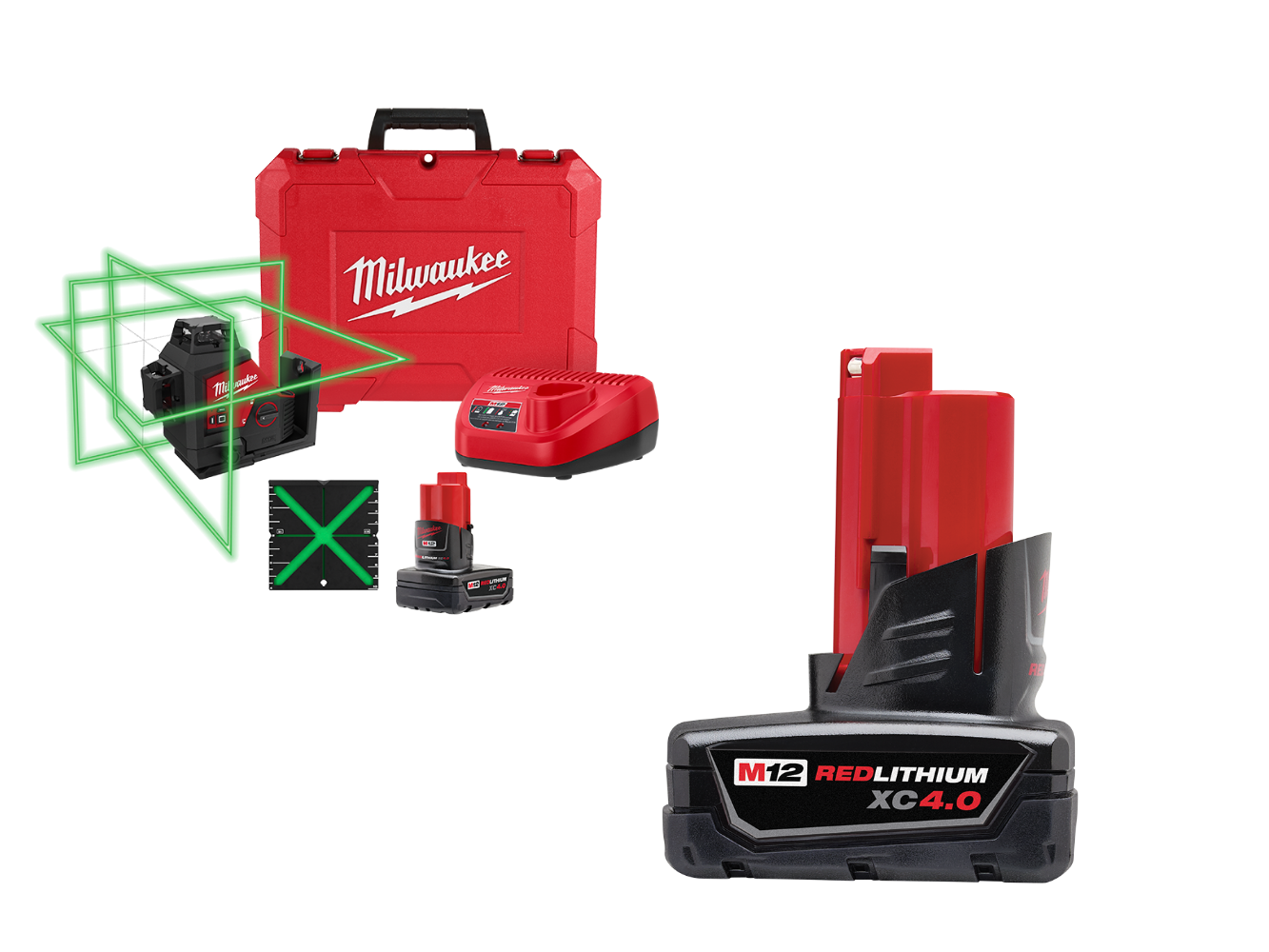 Milwaukee 3632-21X4 M12 Green 360 Degree 3-Plane Laser Kit w/ 4AH