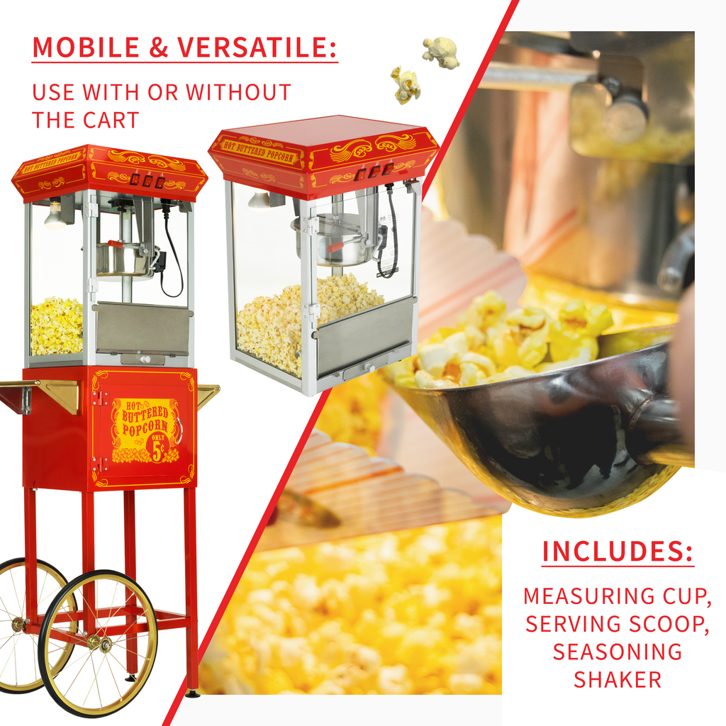 Fun Popcorn Maker FunTime FT862CR 8oz Red Popcorn Popper Machine Maker Cart Vintage Styl ...