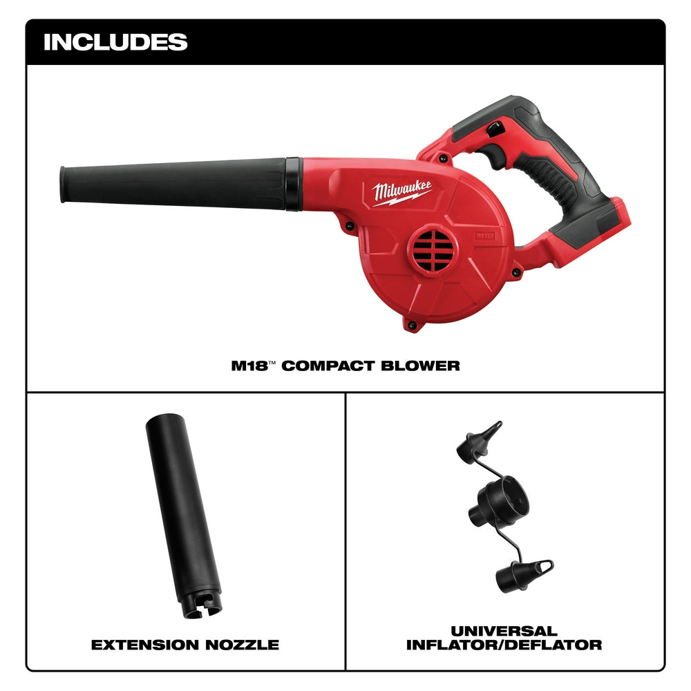 Milwaukee M18 0884-20 Compact Blower Bare Tool - 18V Cordless With Extension Nozzle