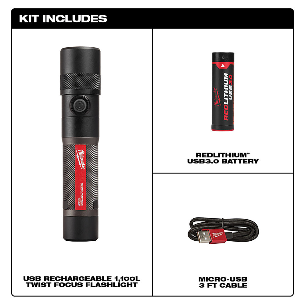 Milwaukee 2161-21 1100 Lumen USB Rechargeable LED Twist Focus Flashlight Milwaukee 2161-21 1100 Lumen USB Rechargeable LED Twist Focus Flashlight