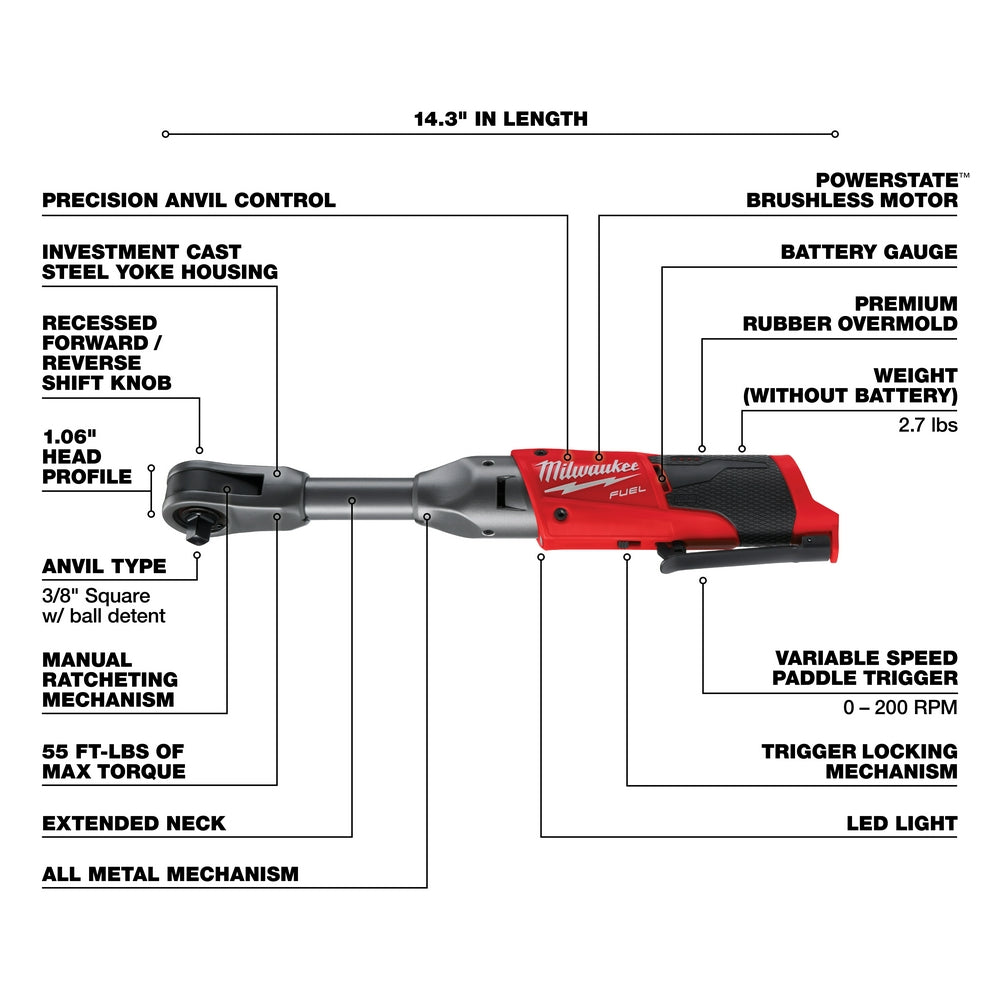 Milwaukee 2560-20 M12 FUEL 12V 3/8 Inch Extended Reach Ratchet Bare To –  MaxTool