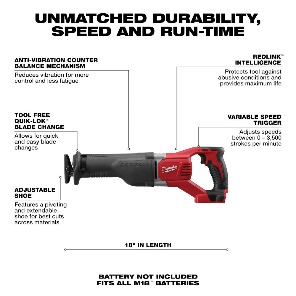 Milwaukee 2621-20 M18 18V 18-Inch SAWZALL Reciprocating Saw Bare