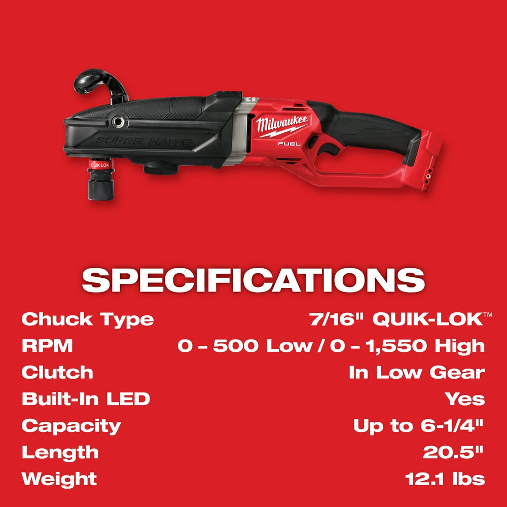 Milwaukee 2811-20 M18 FUEL 18V Super Hawg Right Angle Drill Quik