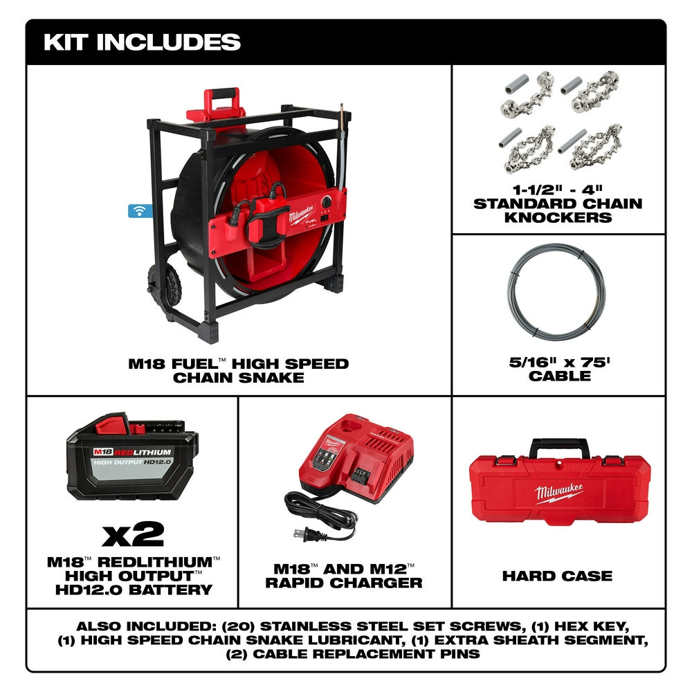 Milwaukee 2819-22 M18 FUEL 18V High Speed Chain Snake Kit for 1-1
