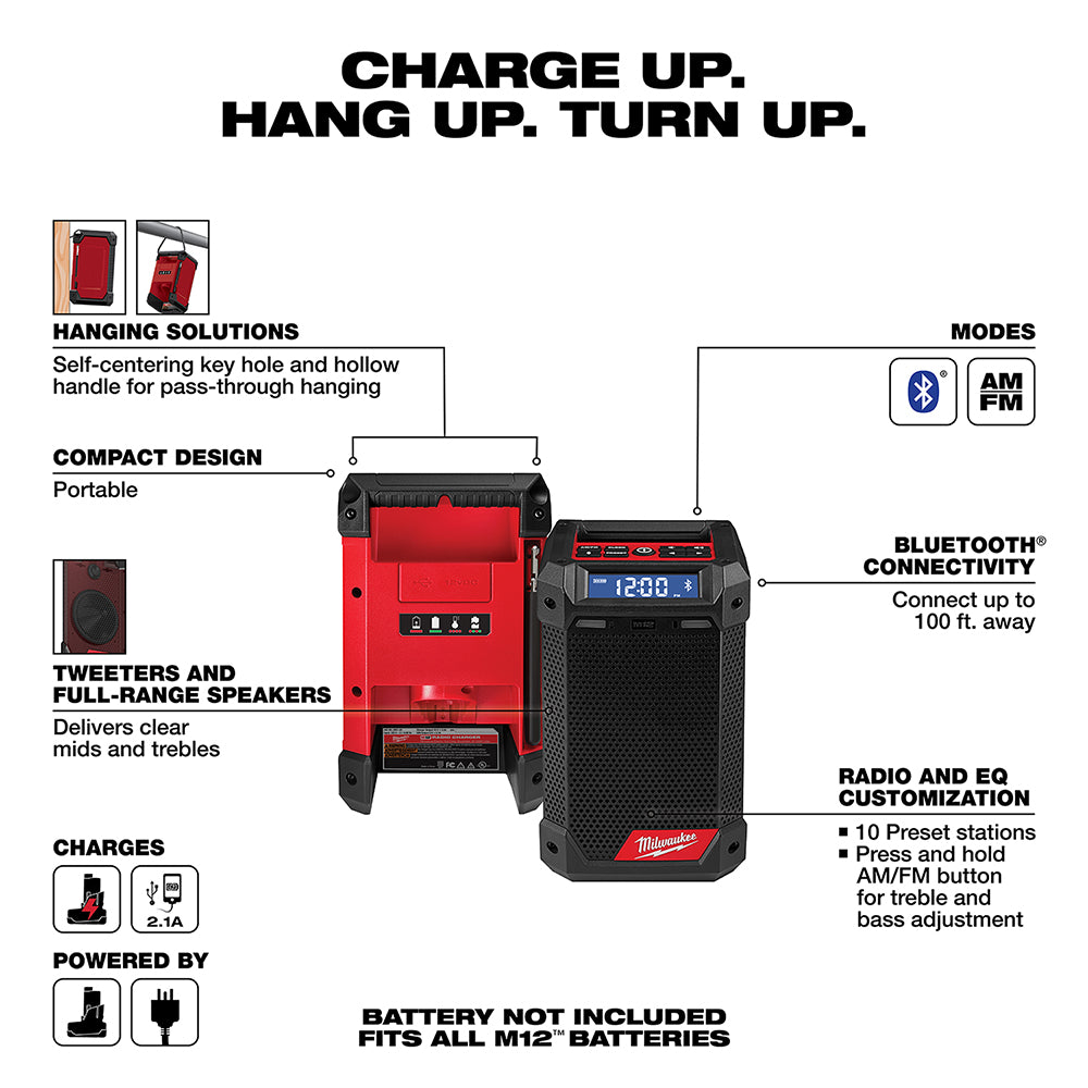 Milwaukee 2951-20 M12 12V Bluetooth Speaker Radio/Charger - Bare