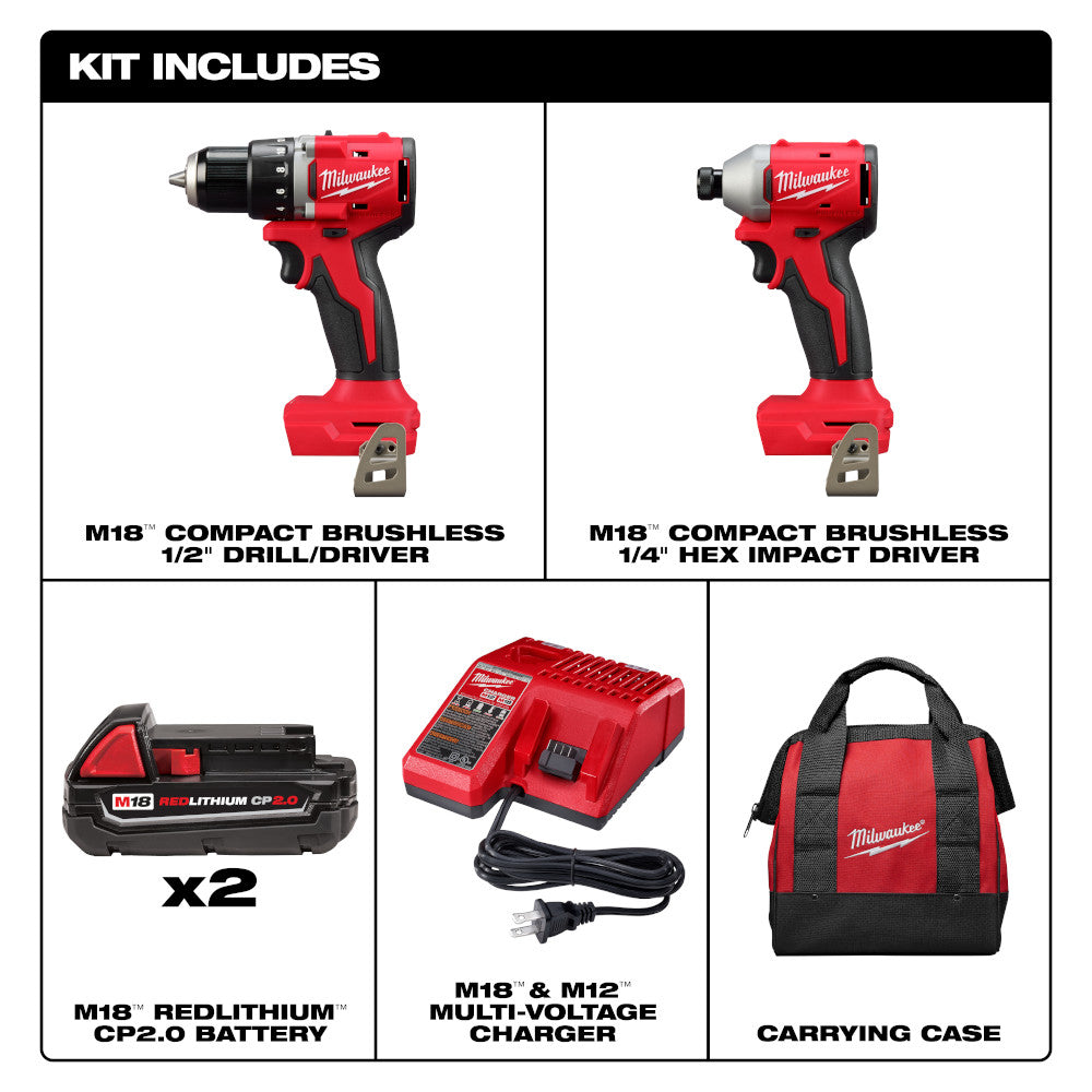 3692 Milwaukee 3692-22CT M18 18V Compact Brushless 2 Tool Drill/Driver Comb ...