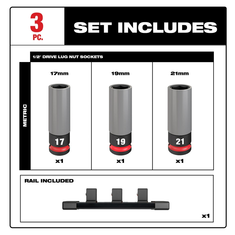 thumbnail image 2 of Milwaukee SHOCKWAVE 1/2" Drive Impact Duty Metric Lug Nut Socket Set - 3 Piece (49-66-7830) 2 of 6