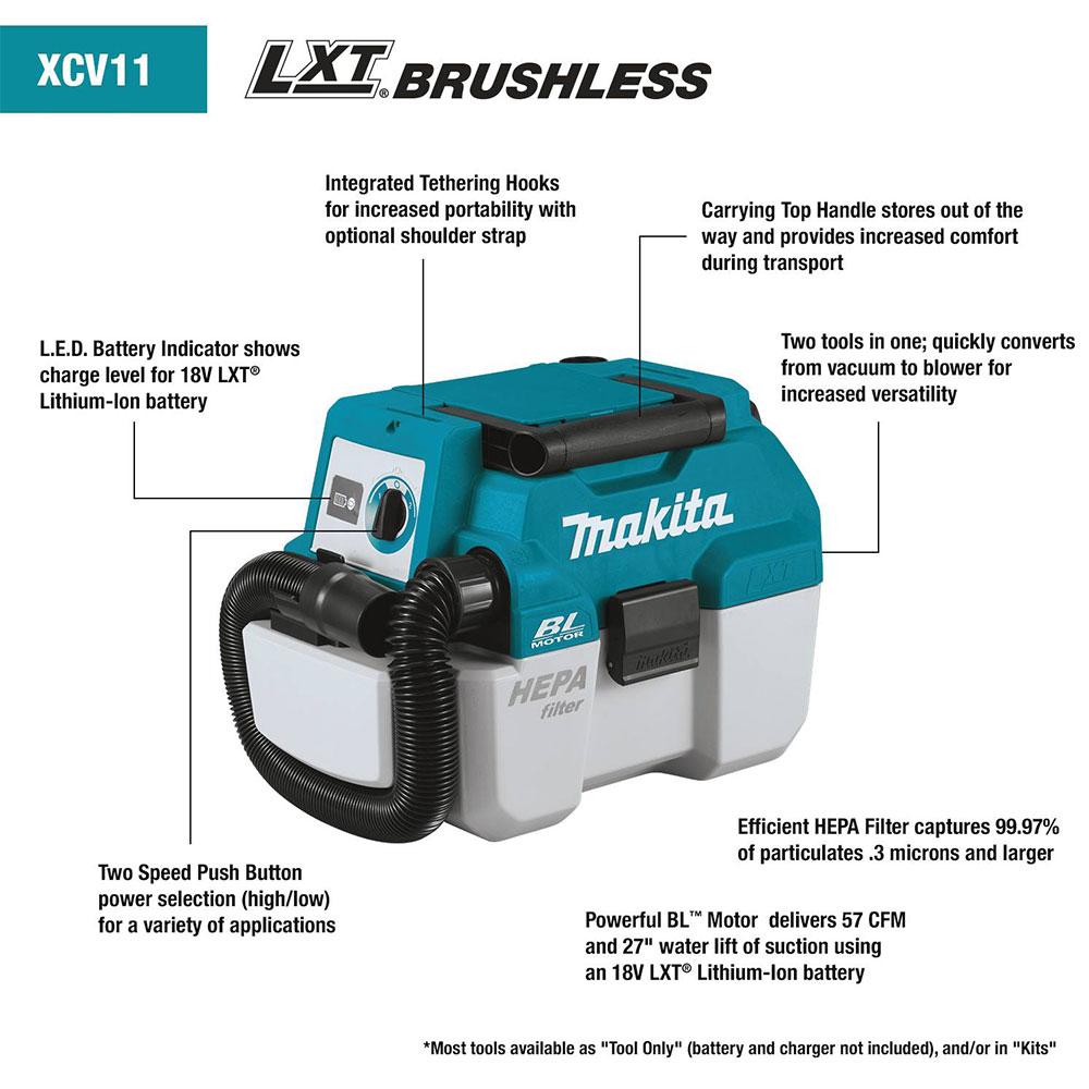 Makita XCV11Z 18 Volt Gallon Brushless Wet/Dry Dust Extractor